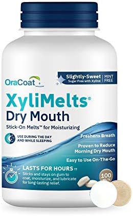 OraCoat XyliMelts Dry Mouth Relief Moisturizing Stick-On-Melts w/Xylitol, 100 Count, Slightly Sweet, Helps Stimulates Saliva for Dry Mouth, Non-Acidic