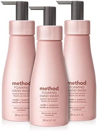 Method Premium Foaming Hand Wash, Vanilla + Raspberry, Reusable Pink Aluminum Bottle, Biodegradable Formula, 10 fl oz (Pack of 3)