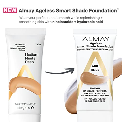 Almay Anti-Aging Foundation, Smart Shade Face Makeup with Hyaluronic Acid, Niacinamide, Vitamin C & E, Hypoallergenic-Fragrance Free, (200 Light Medium,) 1 Fl Oz (Pack of 1)