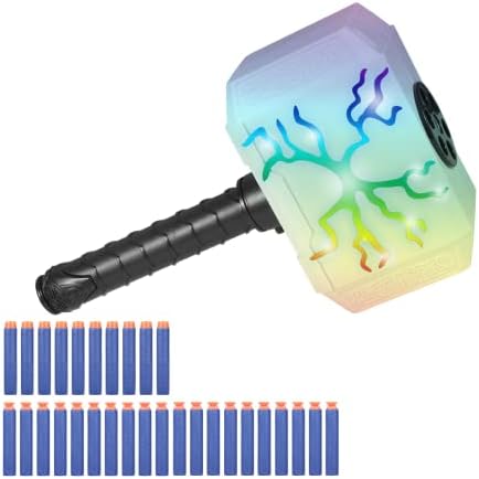 Thors Dart-Blasting Hammer Toy Gun for Nerf Guns Bullets with Lights -Toys for 5 6 7 8 9+ Year Old Boys,Kids Roleplay Toy Thunder Mjolnir with 30 Darts