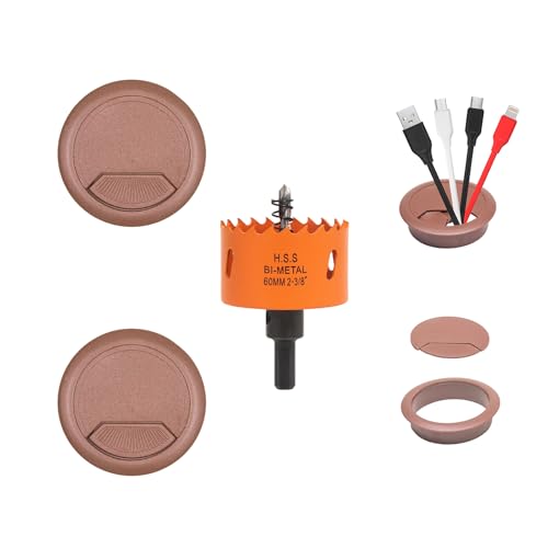 Desk Grommet 2-3/8 inch with Hole Saw, Desk Cord Hole Cover Grommet for Cables, 2 PCS, Brown