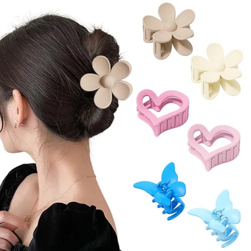 6 Pcs Hair Clips-Medium Matte Flower Hair Clips Nonslip Heart Hair Claw Clips Butterfly Hair Clips for Thin Thick Hair Cute Hair Clips for Women and Girls(flower2+heart2+butterfly2)