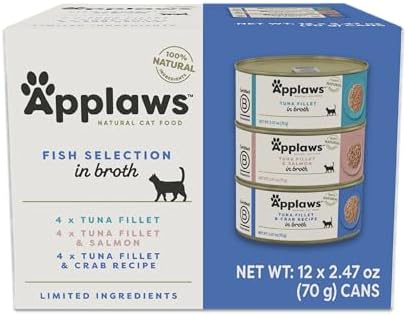 Applaws Natural Wet Cat Food in Broth, Limited Ingredient Canned Wet Cat Food, Cat Food Variety Pack, Made with Natural Ingredients, Fish Selection Variety Pack in Broth (12 x 2.47oz Cans)
