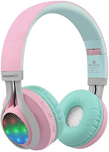 Riwbox WT-7S Bluetooth Headphones Light Up, Foldable Stero Wireless Headset with Microphone and Volume Control for PC/Tablet/TV/Travel (Pink Green)
