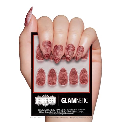 Beetlejuice Beetlejuice™ x Glamnetic Press On Nails - Lydia™ | Red Lace 3D Effect Matte Short Almond False Nails, Reusable Stick On Fake Nails with Glue | Salon Quality | 15 Sizes - 30 Nail Kit