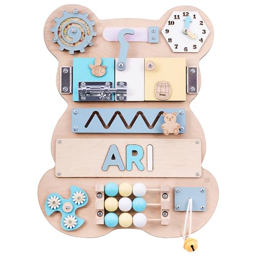 Nabytok Customized Name Puzzle for Toddlers (Fixed I J Letters) Personalized Toddlers Busy Board, Baby Personalized Board for 1-5 Years Old, First Birthday Gift, Montessori Toys (Pastel Boy)