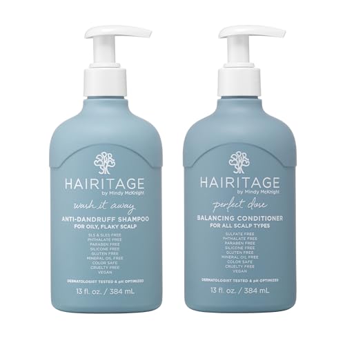 Hairitage Wash It Away Anti-Dandruff Shampoo - For Oily, Flaky Scalp - Reduces Dandruff + Perfect Dose Balancing Conditioner - Moisturizes and Soothes - 13 fl oz