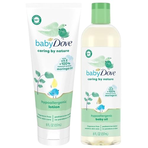 Dove Baby Oil & Baby Lotion, Caring by Nature – Hypoallergenic Oil & Lotion, Nourishing Moringa Oil & Vitamin E Oil for Skin, Fragrance Free, 8 Oz Ea (2 Piece Set)