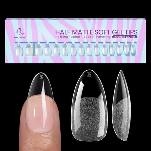 BTArtbox Half Matte Soft Gel Nail Tips - 320pcs Pre-Shaped Almond Nails, Full Cover Acrylic Fake Nails Medium, Clear Ultra Fit & Natural False Nails for Nail Extension, 16 Sizes