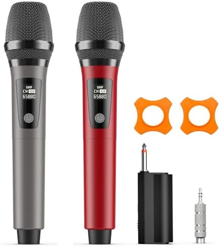 Wireless Microphones, Professional Dual Karaoke Microphones, Wireless Dynamic Microphone System Set with Rechargeable Receiver for Home Party, Speech, Wedding, Church, PA System