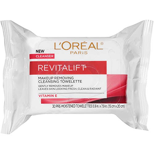 L'Oreal Paris Skincare Revitalift Makeup Removing Wipes with Vitamin E, Face Cleansing Towelettes, Gentle Makeup Remover, Removes Dirt, Sweat and Makeup, 30 Count