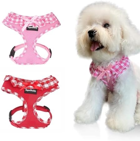 SuperBuddy Upgraded Soft Mesh Dog Harness, Super Breathable Lightweight Pet Harnesses for Puppy Dogs Outdoor Walking, Pink and Red Dog Harness Set Packing-XSmall