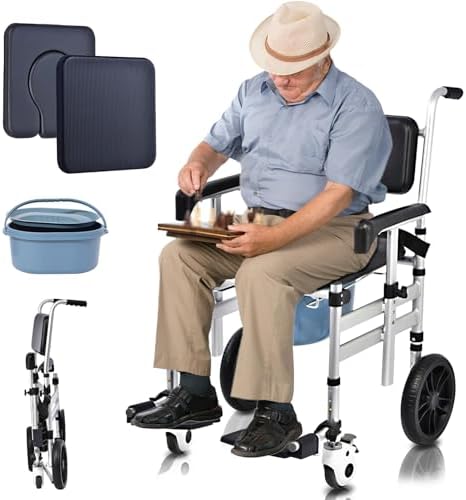 Shower Chair with Wheels 4 in 1 Folding Padded Bedside Commode Wheelchair Height Adjustable Detachable Bucket with Wheels Lifting Armrests Flip-up Footrest for Elderly Disabled (Black Tape and Sheet)