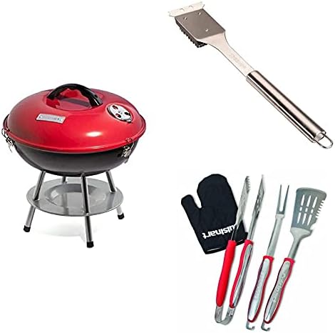 Cuisinart Grill Bundle - Portable Charcoal Grill, 14" (Red), 3-Piece Grilling Tool Set with Grill Glove (Red) & Grill Cleaning Brush (Stainless Steel)