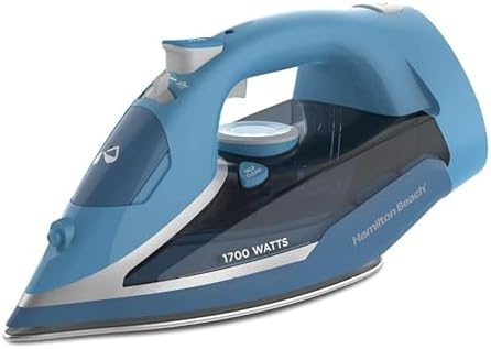 Hamilton Beach Steam Iron for Clothes & Garment Steamer with Durable Stainless Steel Soleplate, 1700 Watts for Ultra-Fast Heat, 8’ Retractable Cord, Auto Shutoff, 350 ml Water Tank, Blue (14216)
