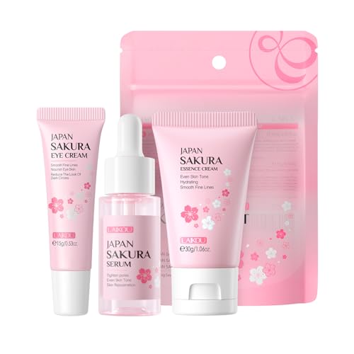Skin Care Set JAPAN SAKURA Women Beauty Gift Sets Skin Care Kit with Serum, Eye Cream, Face Cream Travel Kit for Women Wife Mom Teen Girls TSA-friendly Sizes Birthday Gift 3pcs