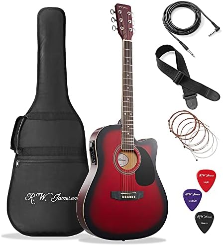 Full Size Thinline Acoustic Electric Guitar with Free Gig Bag Case & Picks Red Right Handed