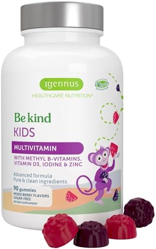 Igennus Methylated Kids Multivitamin Gummy, MTHFR Supplement with B-Vitamins & Vitamin D, No Artificial Sweeteners or Flavors, Sugar Free, Age 4+, 90 Berry Gummies, Non-GMO, Halal, Clean Label
