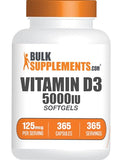 BulkSupplements.com Vitamin D3 5000IU Softgels - Cholecalciferol, D3 Supplement, Vitamin D 5000 IU - 1 Vitamin D3 Softgel (125mcg of Vitamin D) per Serving, 365 Count (Pack of 1)