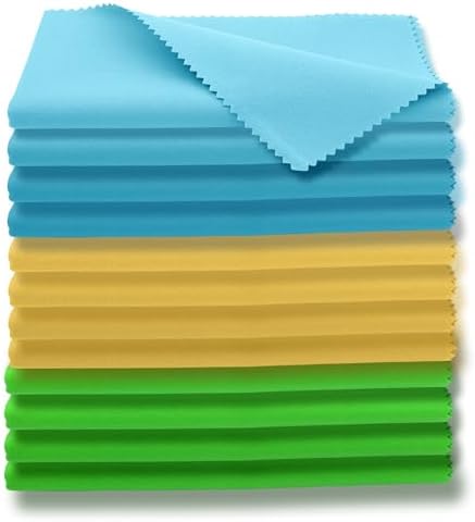 AAwipes Microfiber Plush Polishing Cloths for Musical Instruments (12"X12", 12 Packs, No Logo, Blue, Yellow, Green) Premium Cleaning Cloths for Piano, Guitar, Trumpet, Saxophone, Laptop