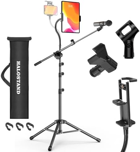 Microphone Stand with IPAD Clip, Floor Foldable Mic Stand with Phone Clip,Heavy Duty Tripod Boom Arm with 2 Mic Clips and Carrying Bag for Singing Karaoke Stage