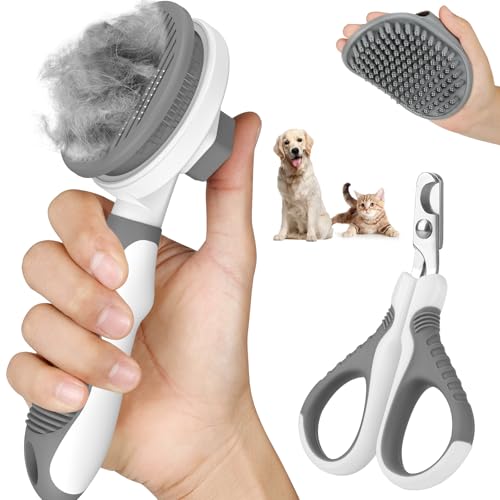 Comotech 3PCS Cat Grooming Kit | Cat Brush | Cat Brushes for indoor Cats | Cat Nail Clipper | Cat Nail Trimmer | Cat Bath Brush | Cat Brush for Shedding - Premium Cat Supplies (Grey)