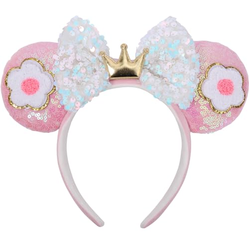 Flower Pink Sequin Mouse Ears Headband, 4" Park Ears, Handmade &, One Size Fits All, Great for Women Girls Birthday Parties, Hair Accessories, Cosplay