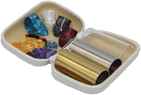 3 Pieces Medium Guitar Slides (Include 2 Colors Stainless Steel, 1 Pieces Glass), 6 Pieces Guitar Picks and 4 Pieces Plastic Thumb & Finger Picks in Zipper box