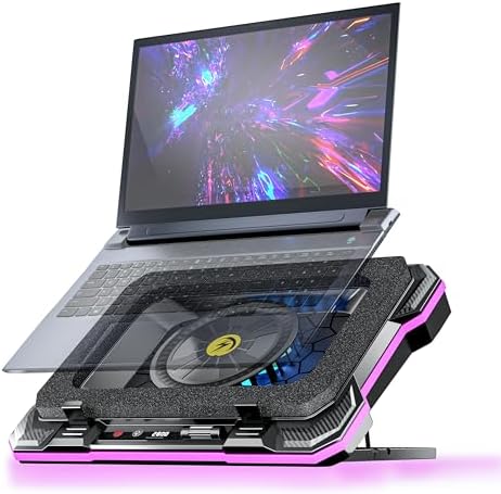 AICHESON Gaming Laptop Cooling Pad with Powerful Turbofan, RGB Cooler with External Variable Speed Fan, 4 USB Ports HUB, Seal Memory Foam Stand for 15.6-18 inch Laptops