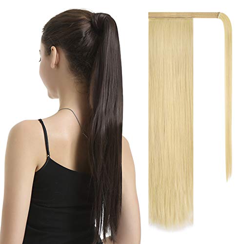 BARSDAR Straight Ponytail Extension - 26 Inch Long Straight Wrap Around Ponytail for Women Clip in Ponytail Hair Extensions Synthetic Blonde Hair Pony Tails Hairpieces Daily - Bleach Blonde