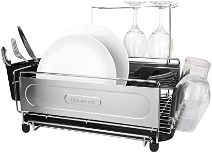Cuisinart Stainless Steel Dish Drying Rack – Includes Wire Dish Drying Rack, Utensil Caddy, Draining Board, Stemware Holder, and Non-Slip Cup Holders, 14.4” x 12” x 6”- Stainless Steel/Black
