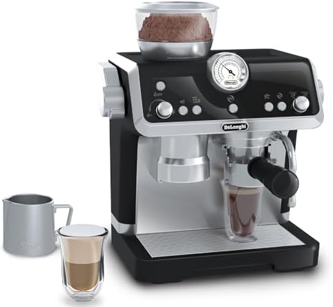 Casdon De'Longhi Toys Barista Coffee Machine. Toy Kitchen Playset for Kids with Moving Parts, Realistic Sounds and Magic Coffee Reveal. For Children Aged 3+, Silver, Black