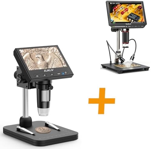 Elikliv Coin Microscope, 4.3'' LCD Digital Microscope 1000x, Coin Magnifier with 8 Adjustable LED Lights, PC View Compatible with Windows/Mac, EDM4B, Black+EM4K 8" Coin Microscope