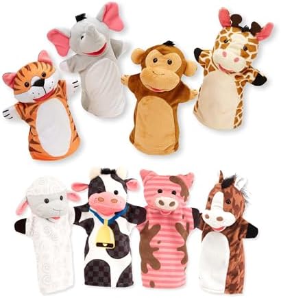 Melissa & Doug Animal Hand Puppets (Set of 2, 4 animals in each) - Zoo Friends and Farm Friends