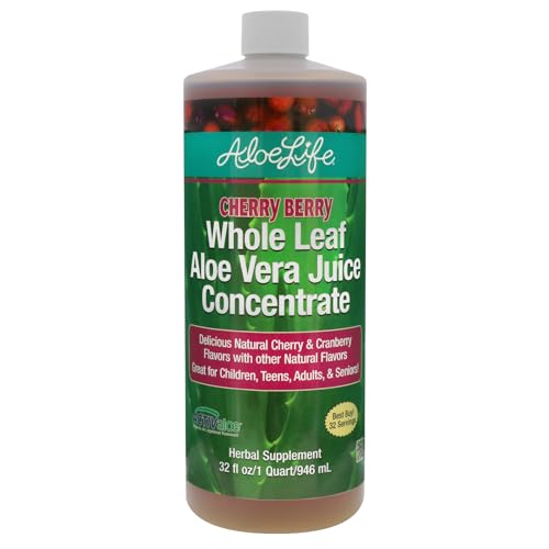 Aloe Life - Whole Leaf Aloe Vera Juice Concentrate, Soothing Relief for Indigestion, Antioxidant Catalyst, Supports Energy & Wellness, Certified Organic Aloe Leaves, Gluten-Free (Cherry Berry, 32 oz)