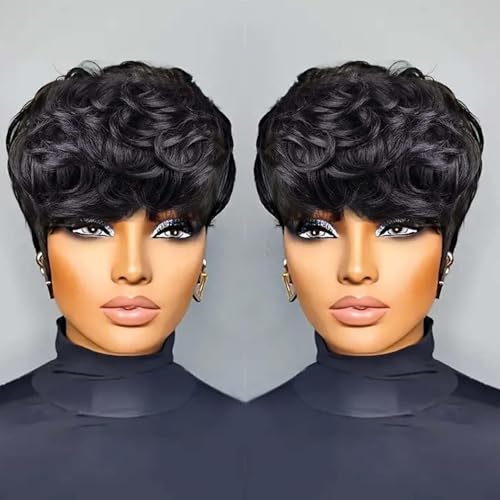 Pixie Cut Wig Human Hair Short Pixie Cut Wigs for Black Women Human Hair Glueless Pixie Wig Short Layered Brazilian Virgin Human Hair Wigs For Women Color 1b