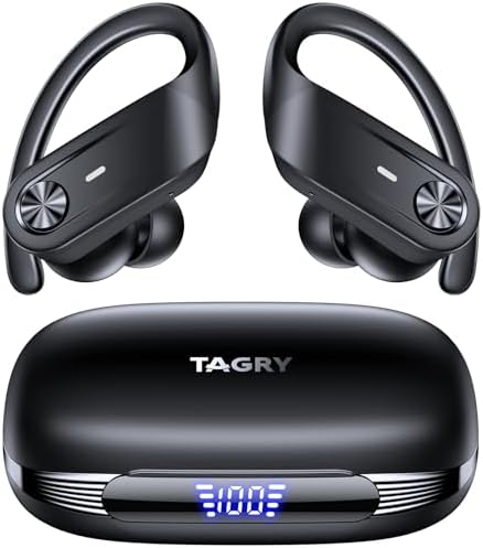 TAGRY Bluetooth Headphones Wireless Earbuds 80Hrs Playtime IPX7 Waterproof Digital Display Sport Ear Buds with Earhook Mic in-Ear Earphones Stereo Sound Earbud for Workout Running Exercise Gym Black
