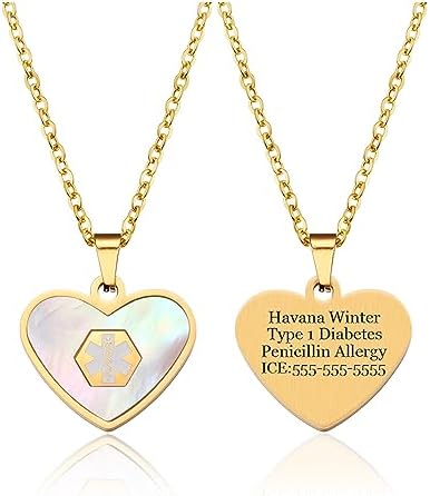 Medical Alert Necklace for Women Shell & Gold-Tone Stainless Steel Emergency ID Tag Pendant Necklace for Girls Custom Engraved Medical Alert Jewelry