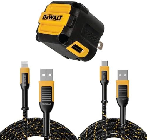 DEWALT NeverBlock USB Angled Dual Port Wall Charger with Lightning [Apple Certified] to USB Cable and Type C to USB-A Cable