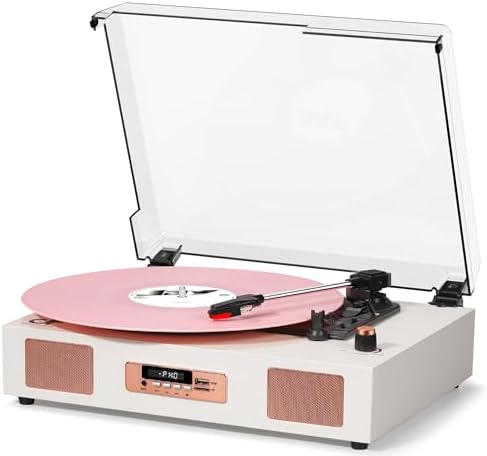 Vinyl Record Player Vintage Wireless Bluetooth Record Player with Enhanced Speakers, USB Recording, LP Player with 3-Speed Belt Drive Turntable Support RCA Line-Out AUX Input EQ,White