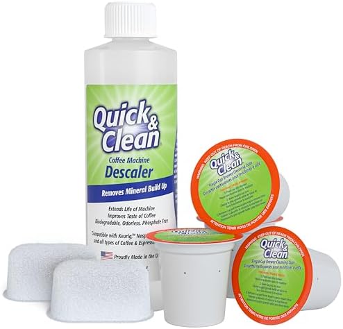 Quick & Clean 4-Pack of Cleaning Cups + 2 Filters with Descaler Bundle (2 Total Uses) - 2.0 Compatible, Descaling Solution for Keurig, Nespresso, Ninja, Delonghi, All Coffee and Espresso Machines…