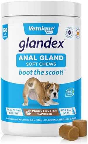 Glandex Anal Gland Soft Chew Treats with Pumpkin for Dogs Digestive Enzymes, Probiotics Fiber Supplement for Dogs Boot The Scoot (Peanut Butter Chews, 120ct)