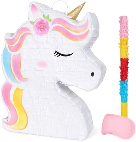 WERNNSAI Unicorn Piñata - Unicorn Party Supplies Piñata Bundle with Blindfold and Bat for Girls Kids Rainbow Unicorn Theme Birthday Party Game Decorations (15.7" x 12.2" x 3.1")