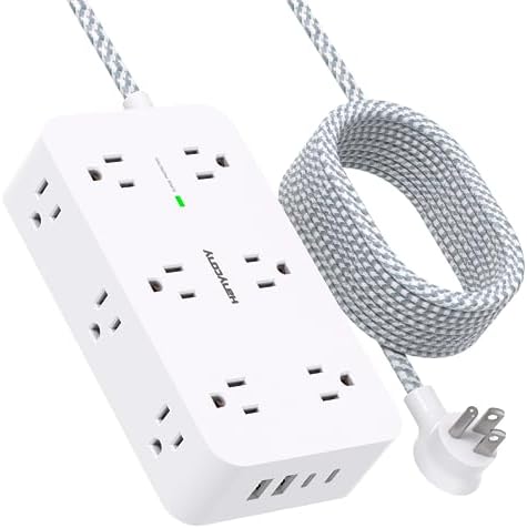Extension Cord 10 Ft, Power Strip Surge Protector with 12 Outlets 4 USB Ports (2USB C), Large Desk Power Strip with Long Cord, Flat Plug, Wall Mount for Office Home College Dorm Room Essentials, White