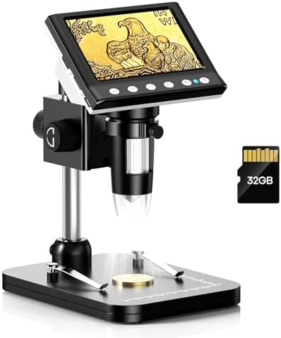 Hayve 4.3'' IPS Coin Microscope, 1000X Magnification Digital Microscope for Adults，Coin Collection Supplies with 8 Adjustable LEDs，Windows Compatible，32GB TF Card