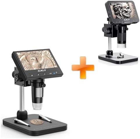 Elikliv Coin Microscope, 4.3'' LCD Digital Microscope 1000x, Coin Magnifier with 8 Adjustable LED Lights, PC View Compatible with Windows/Mac+EDM4 MAX