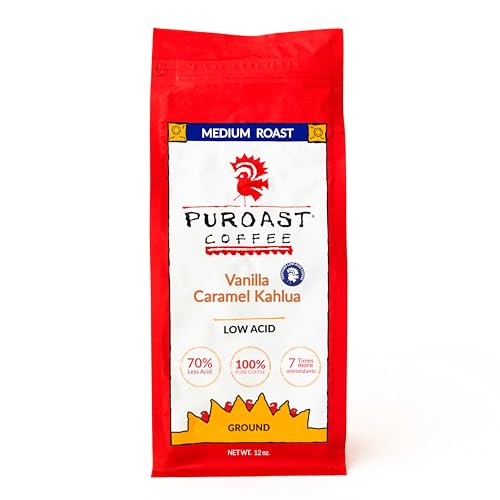 Puroast Low Acid Coffee Flavored Coffee | Vanilla Caramel Kahlua Ground | Medium Roast | High Antioxidants & High pH |No Bitter Aftertaste | Reduced Heartburn & GERD | Suitable for Cold Brew - 12 oz