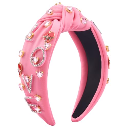 Valentine's Day Headbands for Women Love Letter Rhinestone Pink Headband Pink Jeweled Gem Crystal Knotted Headbands Valentines Hair Accessories Gifts(Letter Love Pink)