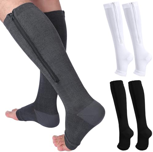 Nuanchu 3 Pairs Open Toe Zipper Compression Socks 20-30mmhg Men Compression Stockings Knee High Zipper Support Socks for Men Women Swelling Edema