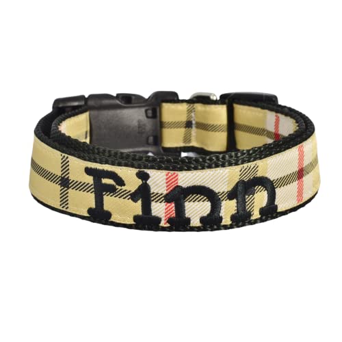 Personalized Dog Collar, PLAID DOG COLLAR and Leash Set Option, Tartan Dog Collars for Girls Boys for Small Medium and Large Dogs (Small 3/4 x 10-15", Tan on Black)